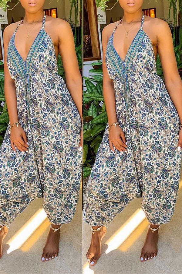 

Lovely Casual V Neck Printed Apricot One-piece Junpsuit