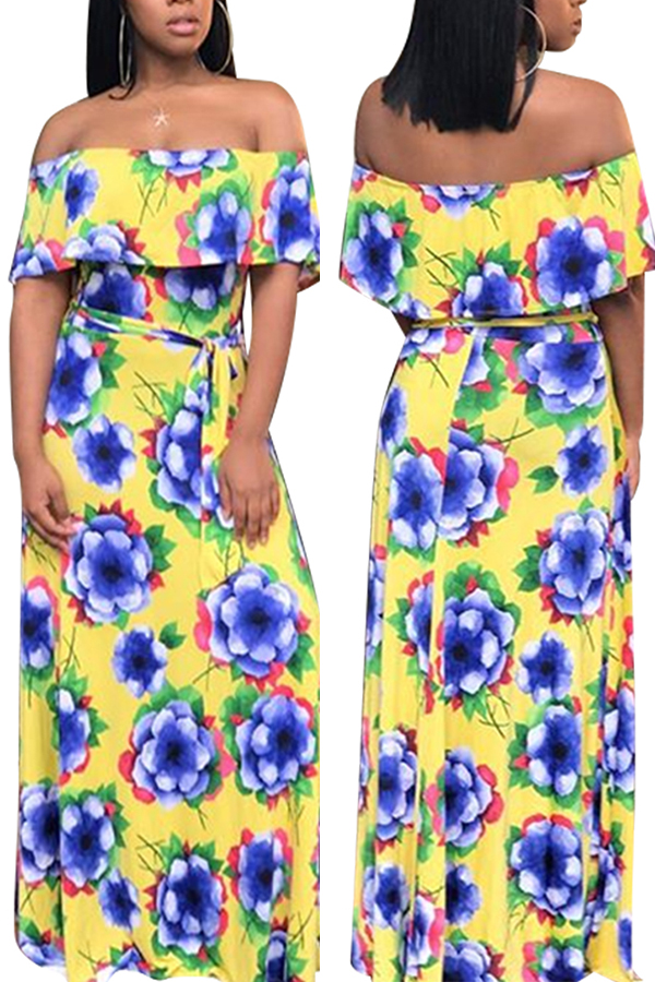 

Lovely Off The Shoulder Flower Printed Yellow Floor Length Dress