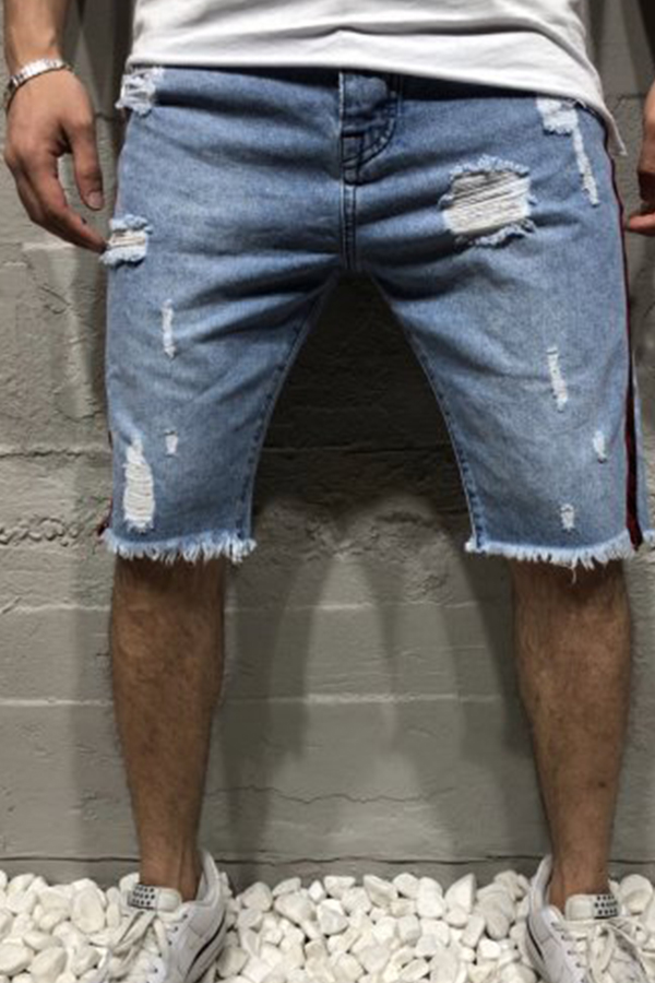 

Lovely Stylish Mid Waist Broken Holes Baby Blue Jeans