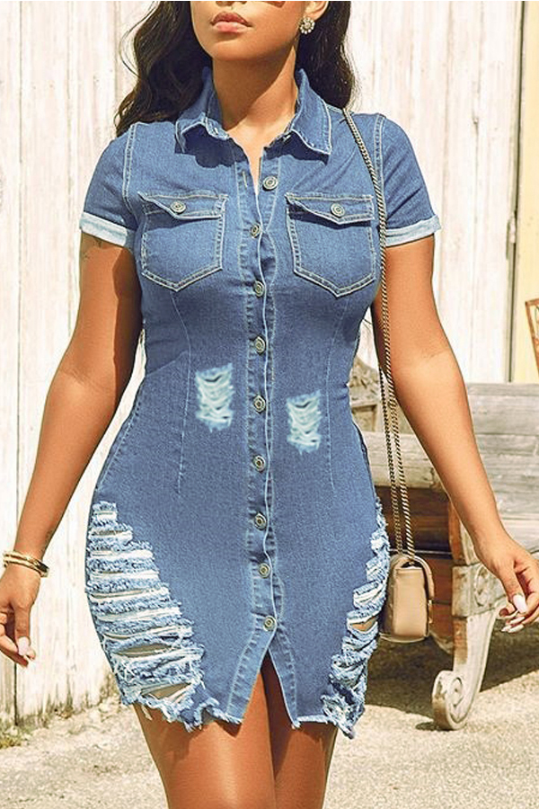 

Lovely Casual Broken Hole Sky Blue Mini Dress