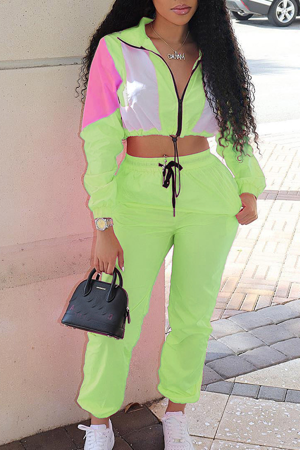 

Lovely Casual Patchwork Green Two-piece Pants Set