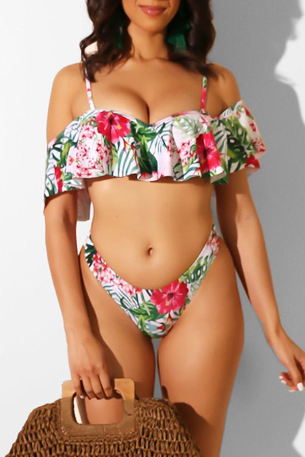 

Lovely Floral Printed Ruffle Design Red Two-piece Swimwear
