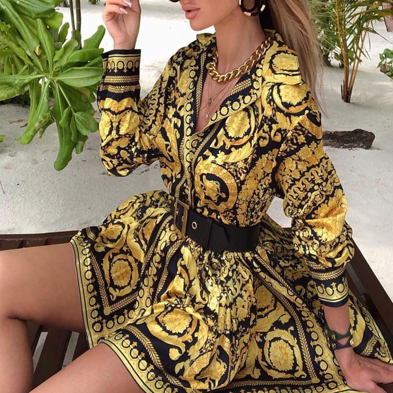 

Lovely Trendy Printed Gold Mini Dress(Without Belt)