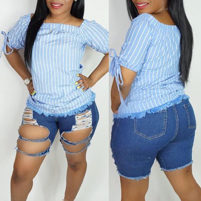 

Lovely Casual Raw Edge Blue Blouses