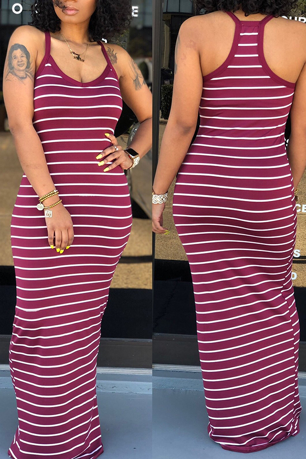 

Lovely Casual Striped Red Floor Length Dress