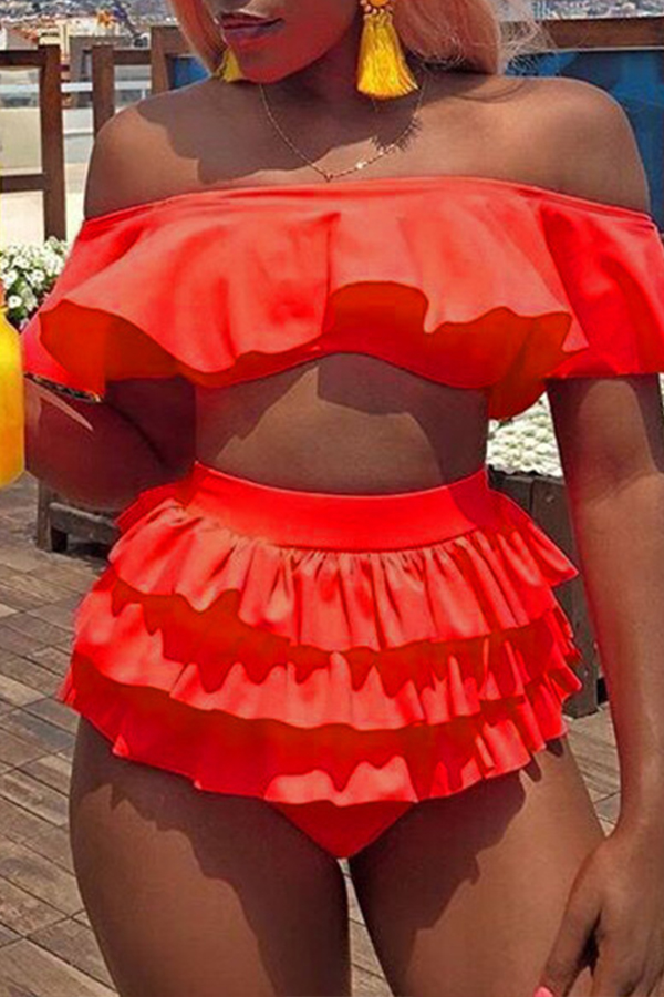 

Lovely Sexy Cascading Ruffle Watermelon Red Two-piece Swimwear