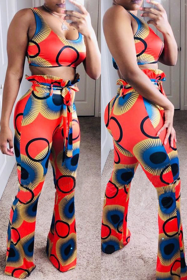 

Lovely Chic Printed Red Two-piece Pants Set(With Belt)