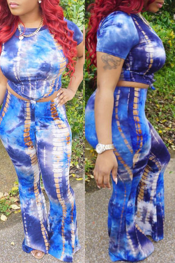 

Lovely Sexy Tie-dye Hollow-out Blue Two-piece Pants Set