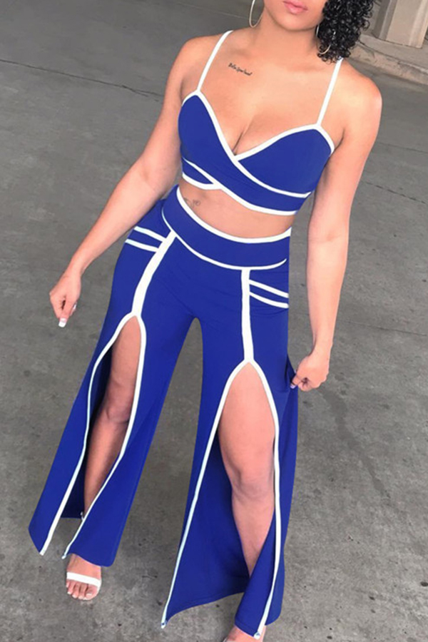 

Lovely Sexy High Split Blue Two-piece Pants Set