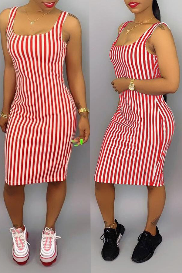 

Lovely Casual Striped Pink Knee Length Dress(With Elastic