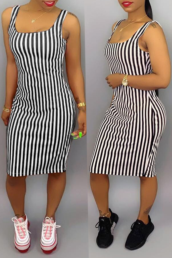 

Lovely Casual Striped Black Knee Length Dress(With Elastic)