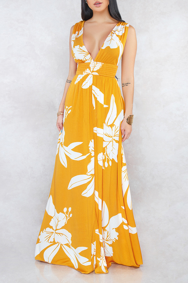 

Lovely Trendy V Neck Printed Hollow-out Yellow Floor Length Dress
