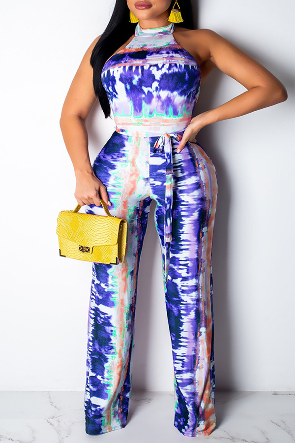 

Lovely Bohemian Halter Neck Printed Blue One-piece Jumpsuit