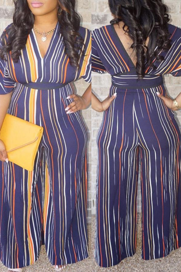 

Lovely Stylish V Neck Striped Blue Loose One-piece Jumpsuit