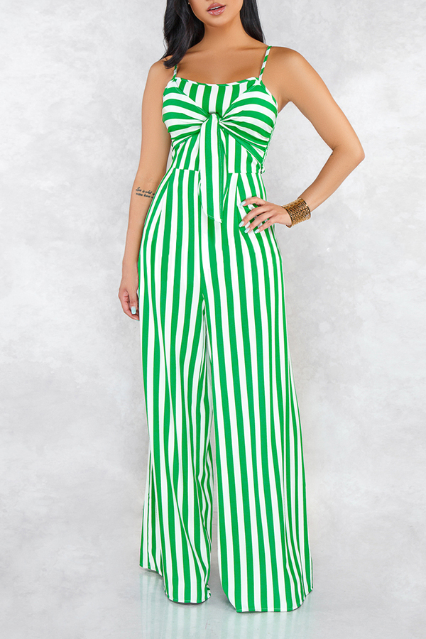 

Lovely Stylish Spaghetti Straps Striped Green One-piece Jumpsuit