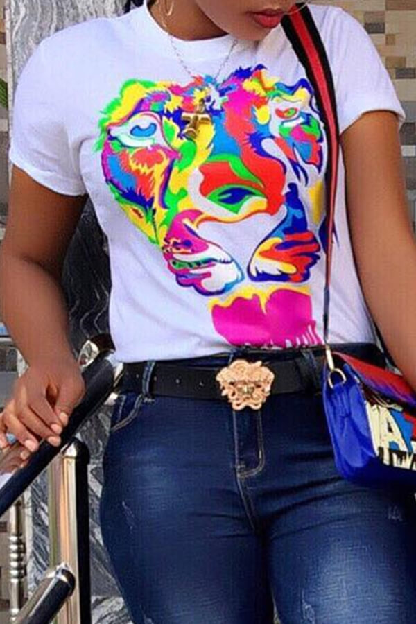 Lovely Casual Animal Printed White T-shirt