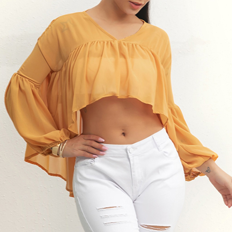 

Lovely Stylish V Neck Ruffle Design Yellow Blouse