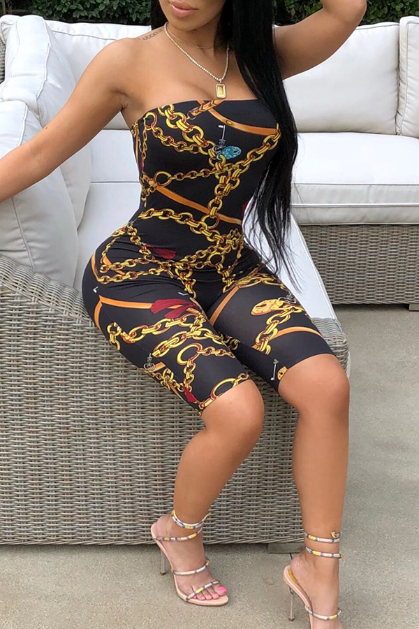 

Lovely Casual Off The Shoulder Printed Black One-piece Romper