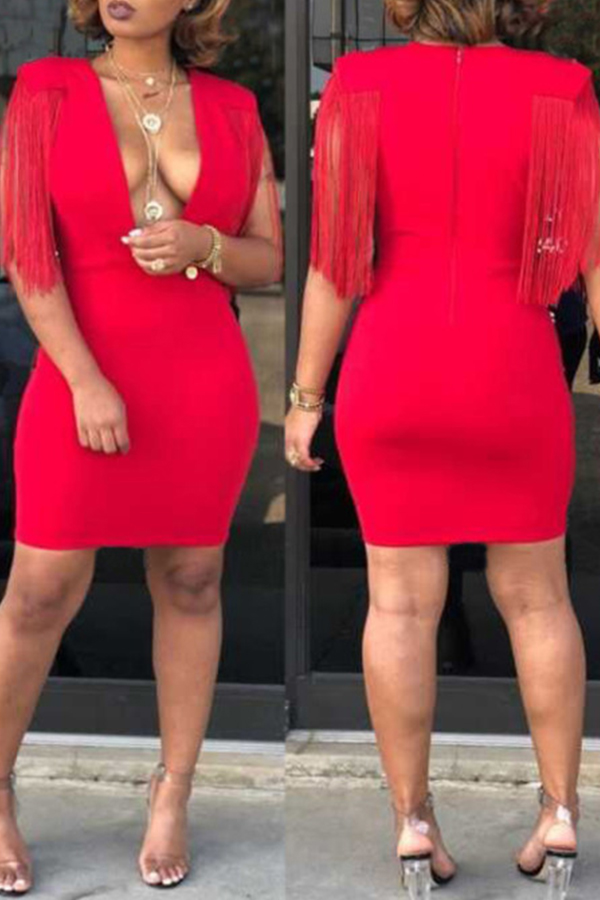 

Lovely Trendy Deep V Neck Tassel Design Red Mini Dress