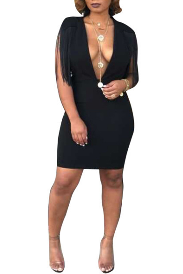 

Lovely Trendy Deep V Neck Tassel Design Black Mini Dress