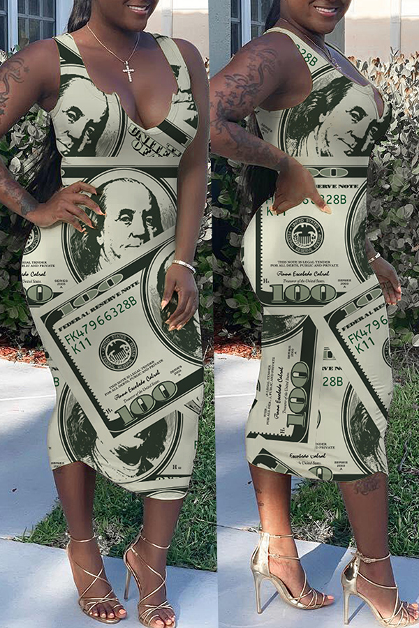

Lovely Casual U Neck Tank Sleeveless Letter Printed White Mid Calf Dress
