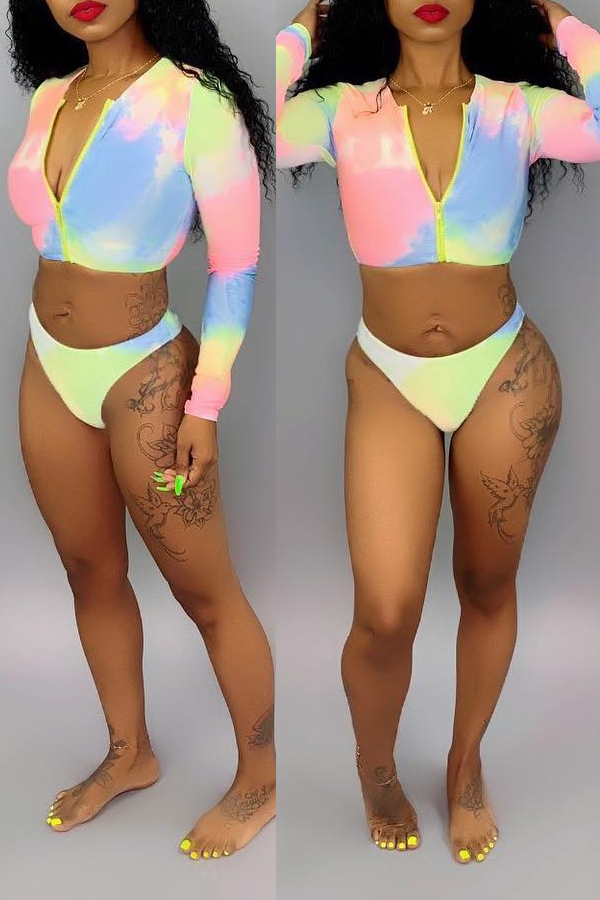 

Lovely O Neck Tie-dye Zipper Design Two-piece Swimwear
