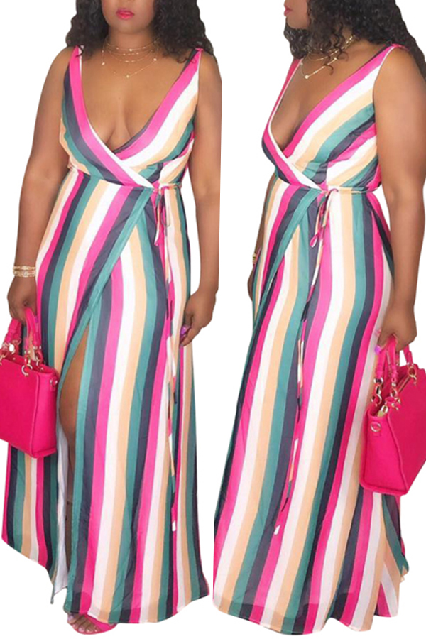 

Lovely Stylish V Neck Striped Floor Length A Line Dress(Nonelastic)