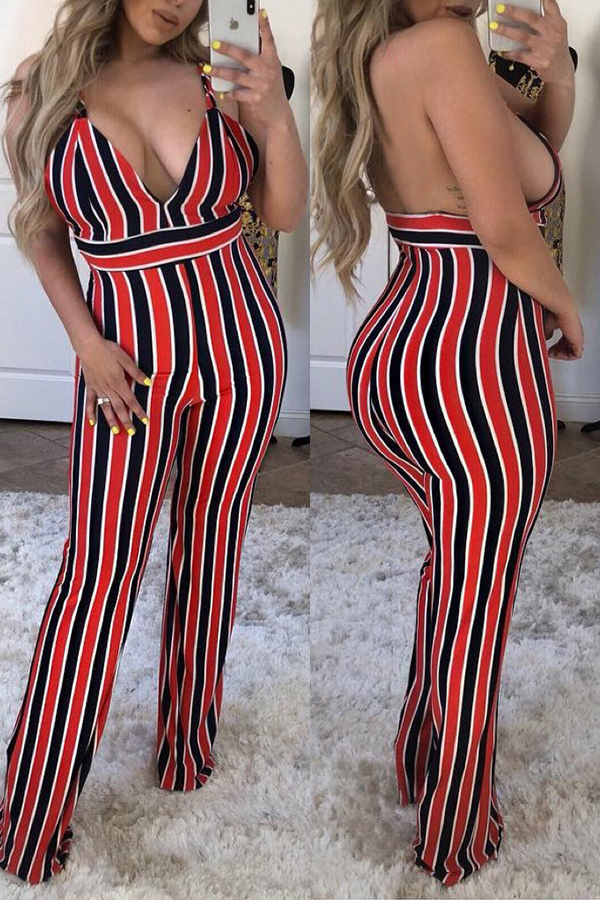 

Lovely Sexy V Neck Striped Backless One-piece Jumpsuit