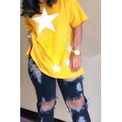 Lovely Casual Pentagram Printed Yellow T-shirt