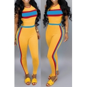 Lovely Casual Striped Patchwork Yellow Two-piece P