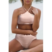 Lovely Halter Neck Light Pink Two-piece Swimsuit