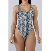 Lovely Backlss Snakeskin Pattern Grey One-piece Sw