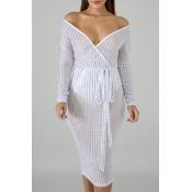 Lovely Off The Shoulder V Neck White Knee Length D