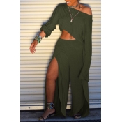 Lovely Trendy Side High Slit Green Two-piece Pants