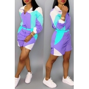 Lovely Casual Patchwork Purple One-piece Romper(No