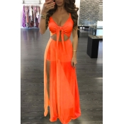Lovely Sexy V Neck Hollow-out Orange Floor Length 