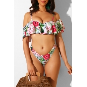 Lovely Floral Printed Ruffle Design Red Two-piece 