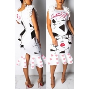 Lovely Trendy Cartoon Printed White Mid Calf Dress