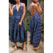 Lovely Casual V Neck Printed Blue One-piece Junpsu
