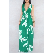 Lovely Trendy V Neck Printed Hollow-out Green Floo
