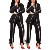 Lovely Stylish Turndown Collar Patchwork Black Two