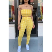 Lovely Trendy Off The Shoulder Plaid Yellow Two-pi