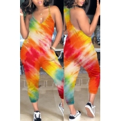 Lovely Casual Tie-dye Red Loose One-piece Jumpsuit