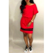 Lovely Casual O Neck Striped Patchwork Red Mini Dr