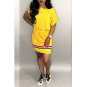 Lovely Casual O Neck Striped Patchwork Yellow Mini