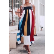 Lovely Casual Spaghetti Strap Striped Ankle Length