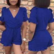 Lovely Casual Ruffle Design Blue One-piece Romper