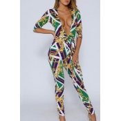 Lovely Sexy Deep V Neck Printed Green One-piece Ju