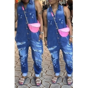 Lovely Casual Broken Holes Blue One-piece Jumpsuit