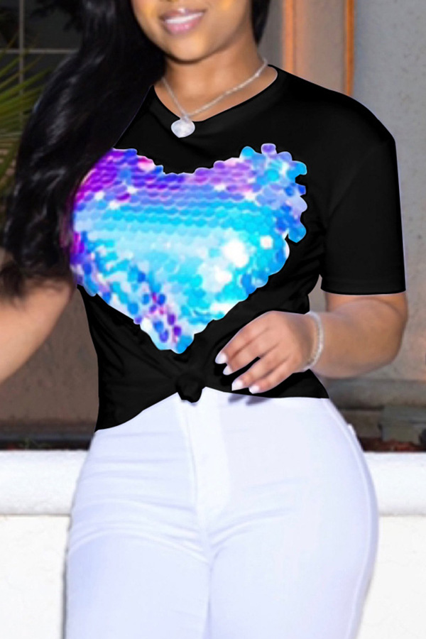 

Lovely Leisure O Neck Heart-shaped Printed Black T-shirt